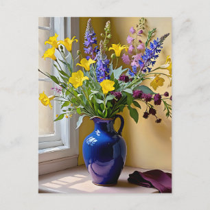 Blå Gul Lila Blommar Konst Vykort