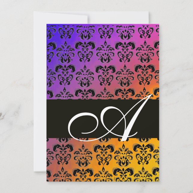 BLÅ GUL LILA SVART DAMASK MONOGRAM ,vit Inbjudningar (Framsida)