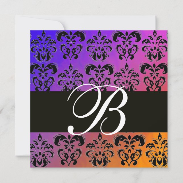 BLÅ GUL LILA SVART DAMASK MONOGRAM , vit Inbjudningar (Framsida)