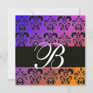 BLÅ GUL LILA SVART DAMASK MONOGRAM , vit Inbjudningar