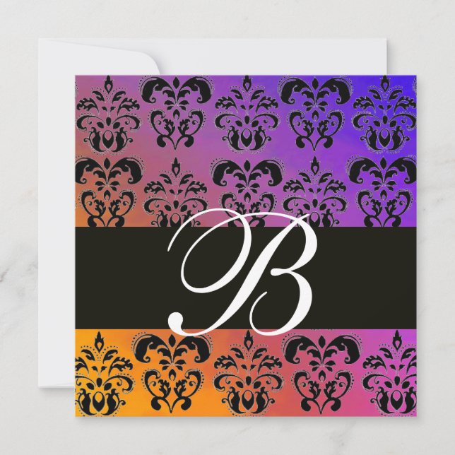 BLÅ GUL LILA SVART DAMASK MONOGRAM , vit Inbjudningar (Framsida)