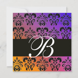 BLÅ GUL LILA SVART DAMASK MONOGRAM , vit Inbjudningar