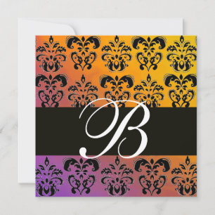 BLÅ GUL LILA SVART DAMASK MONOGRAM , vit Inbjudningar