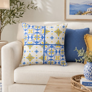 Blå Gul Medelhavs Kakel Patchwork Kudde