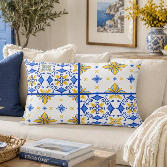 Blå Gul Medelhavs Kakel Patchwork  Prydnadskudde (Skapare uppladdad)