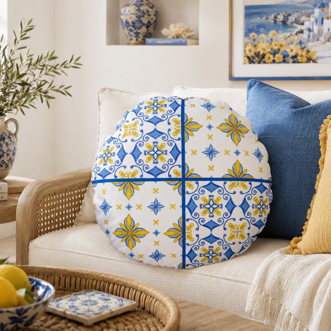 Blå Gul Medelhavs Kakel Patchwork  Rund Kudde (Skapare uppladdad)
