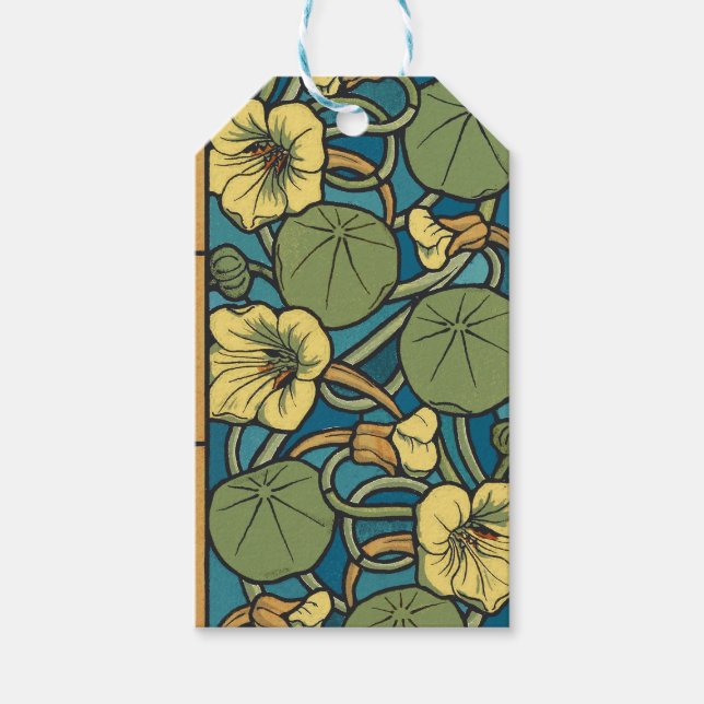 Blå Gul Nasturtium Blomma Nouveau Mönster Presentetikett (Framsidan)
