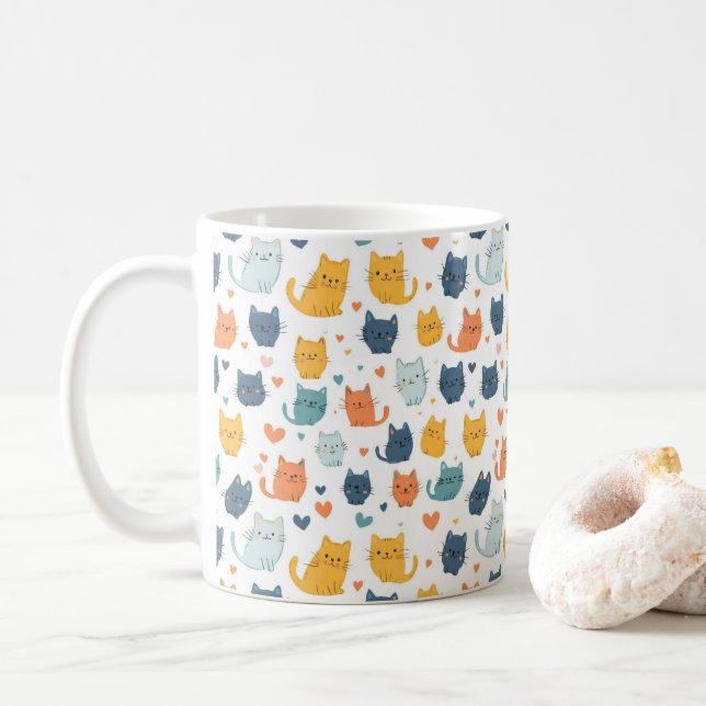 Blå Gul Orange Kawaii Kattmönster Kattälskare Kaffemugg (Med munk)