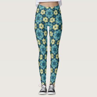 Blå & Gul Retro Blommig Mönster Leggings
