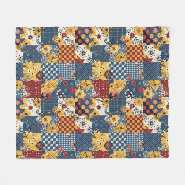 Blå Gul Röd Quilt Patchwork Gingham Blommig Fleecefilt (Framsidan (Horisontell))