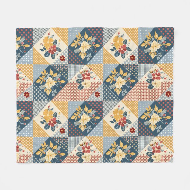 Blå Gul Röd Quilt Patchwork Gingham Blommig Fleecefilt (Framsidan (Horisontell))