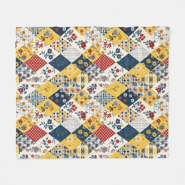 Blå Gul Röd Quilt Patchwork Gingham Blommig Fleecefilt (Framsidan (Horisontell))