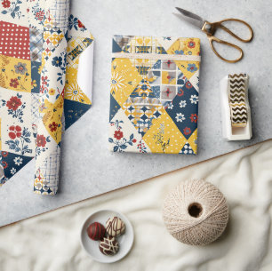 Blå Gul Röd Quilt Rutig Cottagecore Blommig Presentpapper