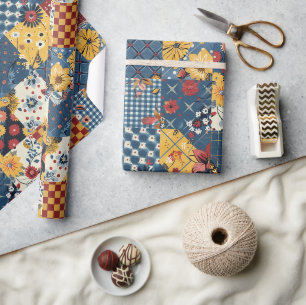 Blå Gul Röd Quilt Rutig Cottagecore Blommig Presentpapper