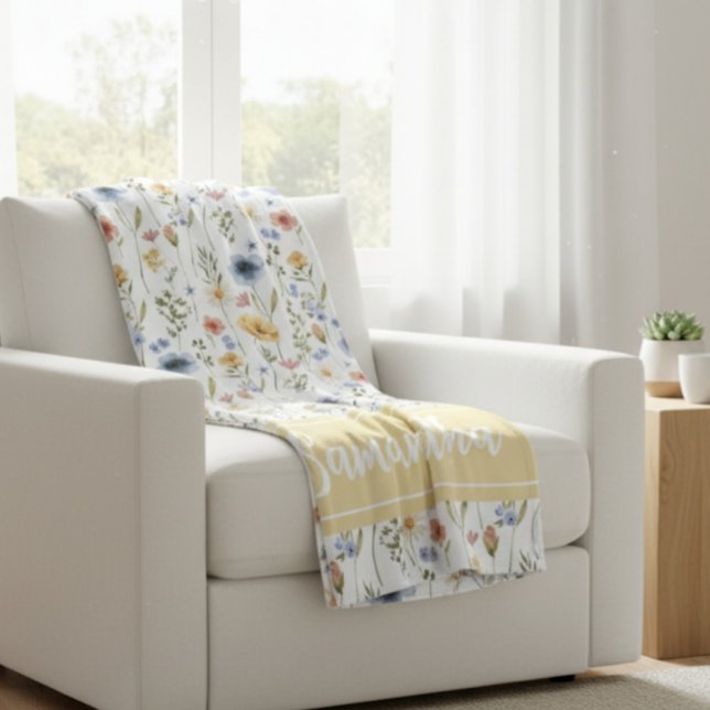 Blå Gul Rosa Akvarell Vildblomma Namn Fleecefilt (Skapare uppladdad)