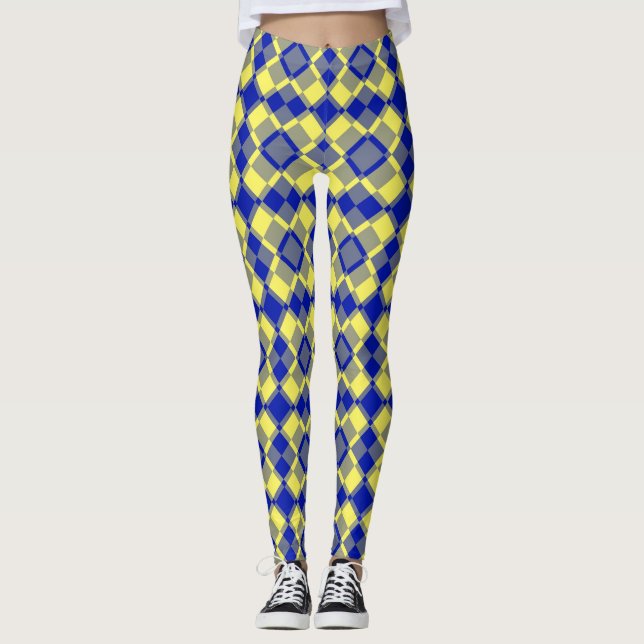 Blå Gul Rutig Argyle Mönster Leggings (Framsida)