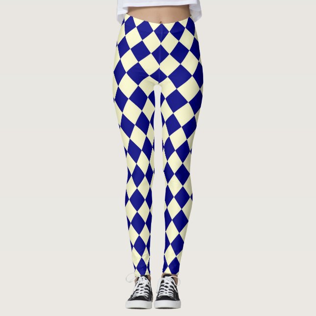 Blå Gul Rutig Diamantmönster  Leggings (Framsida)
