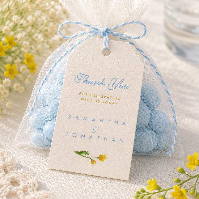 Blå & Gul smörblomma redigerbar bröllop Presentetikett (Skapare uppladdad)