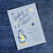 Blå Gul Stjärna Pingvin Baby Shower Inbjudan