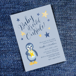 Blå Gul Stjärna Pingvin Baby Shower Inbjudan