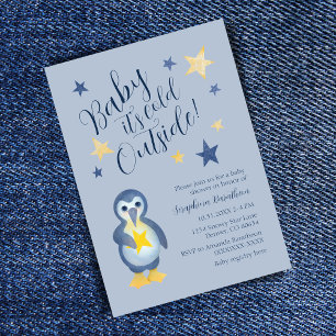 Blå Gul Stjärna Pingvin Baby Shower Inbjudan