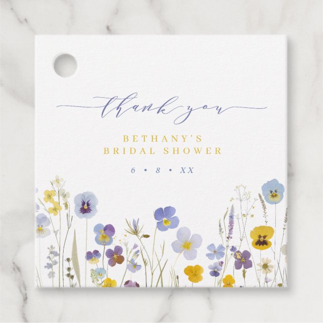 Blå & Gul Tack Blomster Bröllopsdusch Gåvor Etiketter (Framsida)