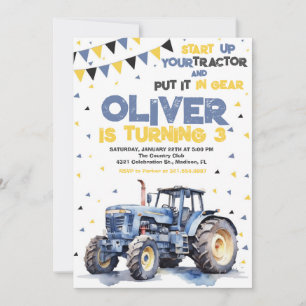 Blå Gul Traktor Födelsedagsfest Inbjudningar