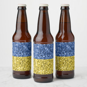 Blå gul ukrainsk flagga glitter falska gnistor ölflaska etikett