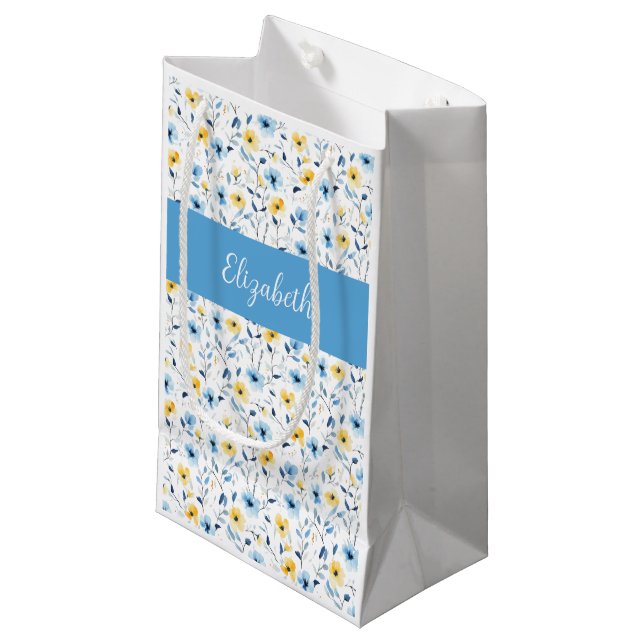 Blå Gul Vildblomma Vattenfärg Monogram (Framsidan Vinklad)