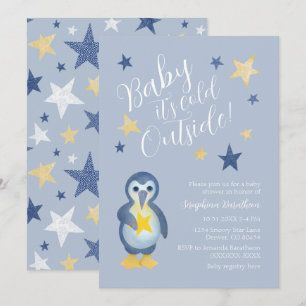 Blå Gul Vinter Pingvin Baby Shower Inbjudningar