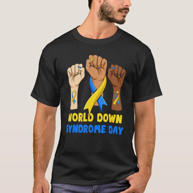 Blå Gula Band Händer Tillsammans Världen Downs Syn T Shirt (Framsida)