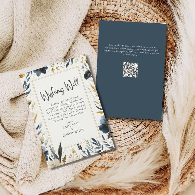 Blå Gula blommor Elegant bröllop Wishing-brunn Tilläggskort (Blue Yellow Wildflower Elegant Wishing Well Enclosure Card for guest to give cash in lieu of gifts.)