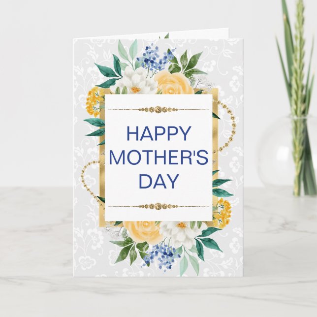 Blå gula blommor & guldglitter Mors dag Kort (Framsida)