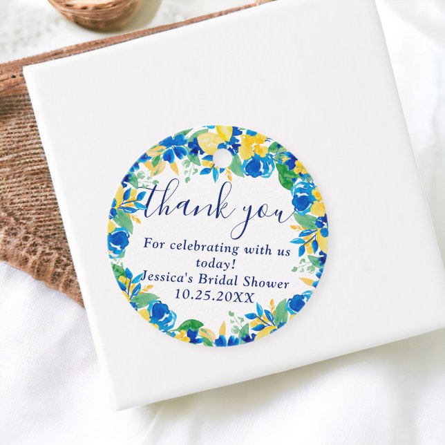 Blå gula citroner blommande vattenfärg bröllopsdus gåvor etiketter (Blue yellow lemons floral watercolor bridal shower favor tags)