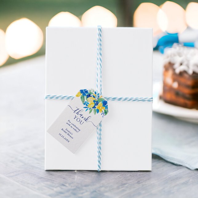 Blå gula citroner blommande vattenfärg bröllopsdus presentetikett (Blue yellow lemons floral watercolor bridal shower gift tags)