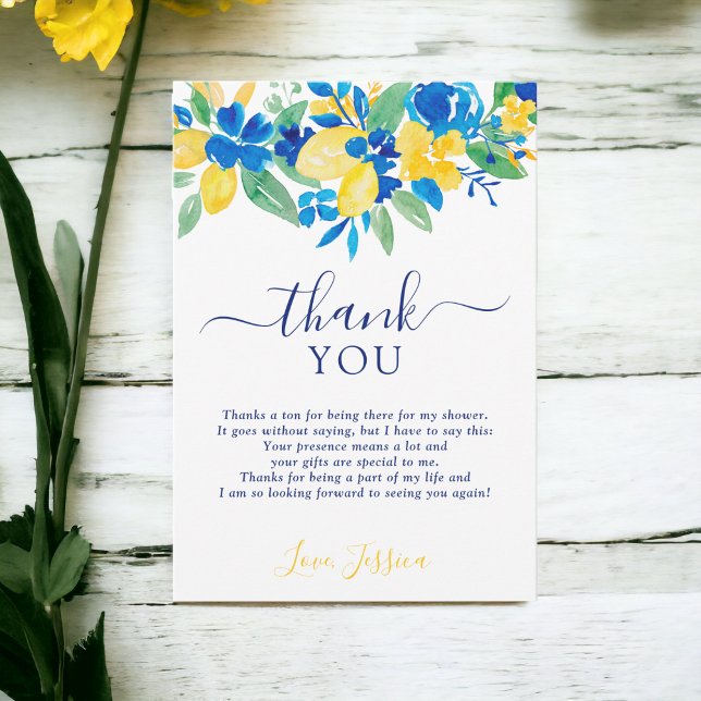 Blå gula citroner blommig akvarell bröllopsdusch tack kort (Blue yellow lemons floral watercolor bridal shower thank you card)