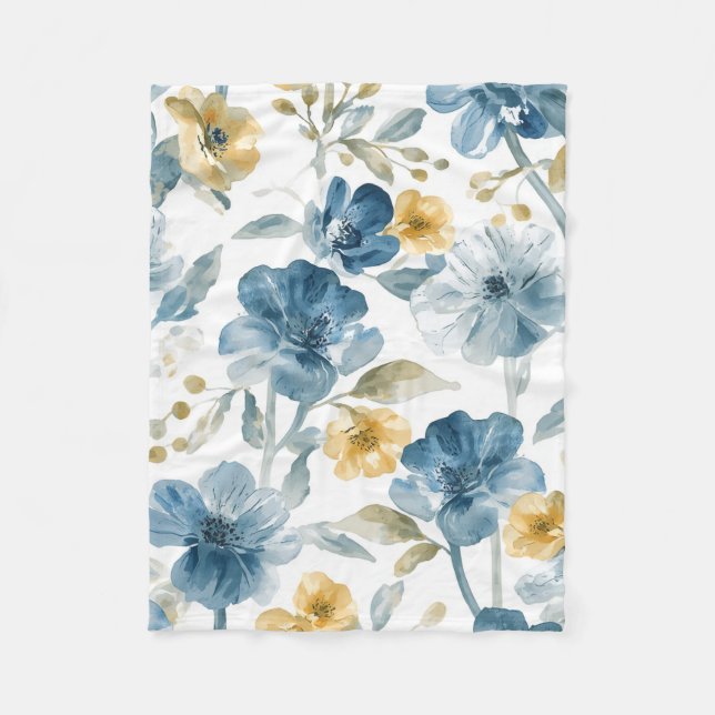 Blå Gula Trädgårdsblommor Botaniskt Mönster Fleecefilt (Framsidan)