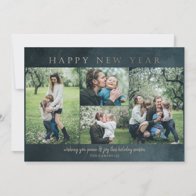 Blå Guld 4-foton Gott nytt år Julkort (Framsida)