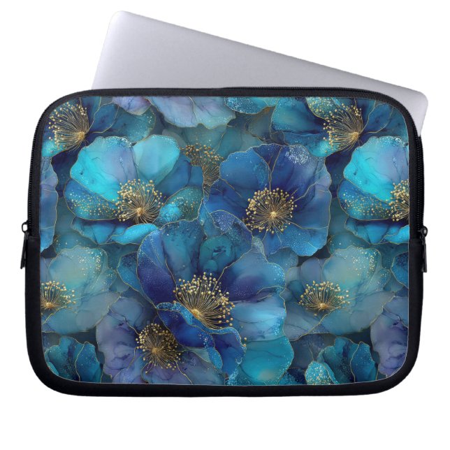 Blå Guld Abstrakt Akvarell Blommor Laptop Fodral (Framsidan)