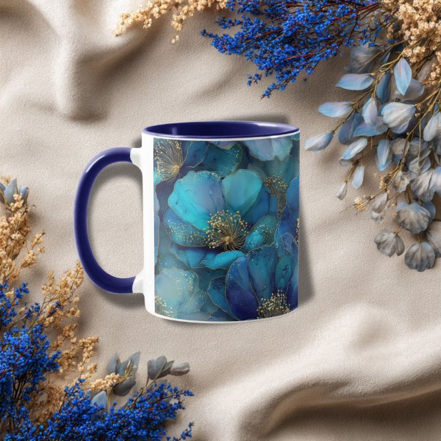 Blå Guld Abstrakt Akvarell Blommor Mugg (Blue gold Abstract Floral Coffee Mug gift for her. )