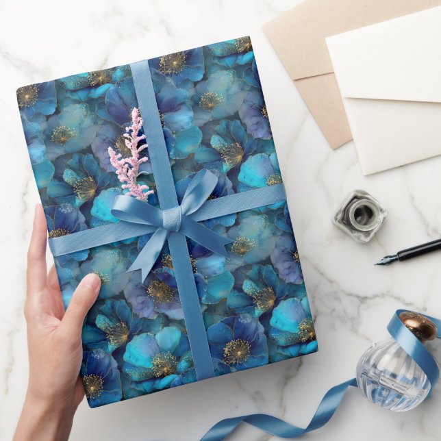 Blå Guld Abstrakt Akvarell Blommor Presentpapper (Gifting)