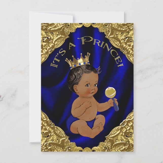 Blå Guld Afroamerikansk Prins Bebis Badrum Inbjudningar (Framsida)