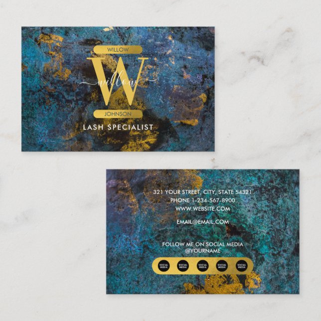 Blå & Guld Agat Geod Glitter Monogram Marmor Visitkort (Fram/baksida)