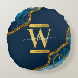Blå & Guld Agat Geod Glitter Monogram Rund Kudde
