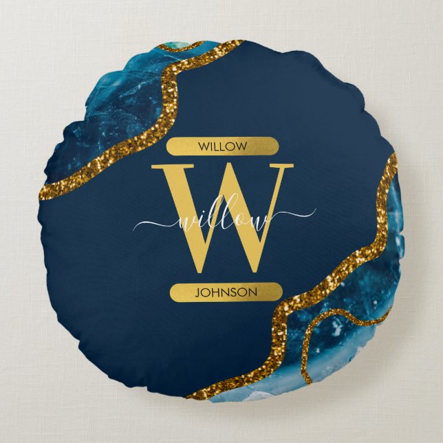 Blå & Guld Agat Geod Glitter Monogram Rund Kudde (Framsidan)