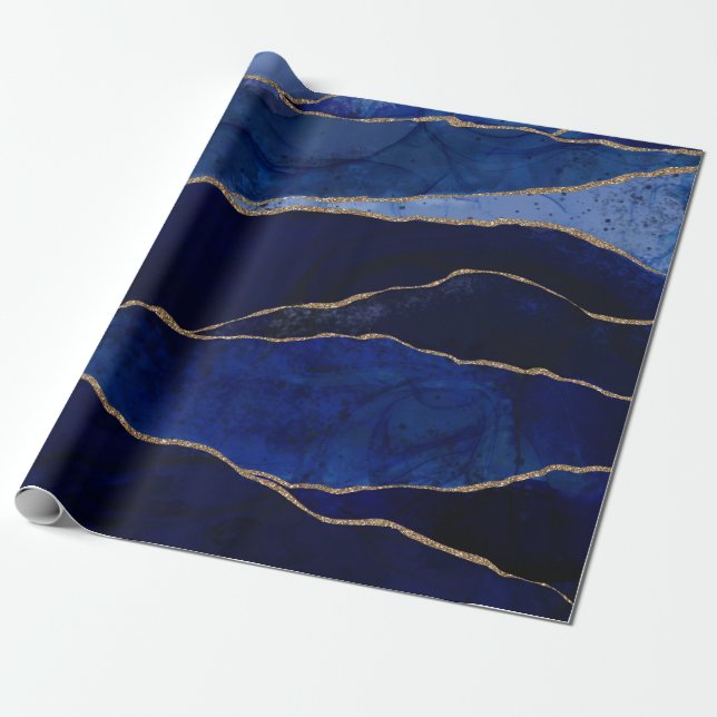 Blå & Guld Agat Modern Glam Minimal Bröllop Presentpapper (Utrullad)