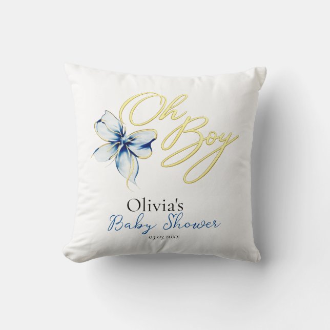Blå & Guld ”Åh Pojke” Guld Typografi Baby Shower Kudde (Framsida)