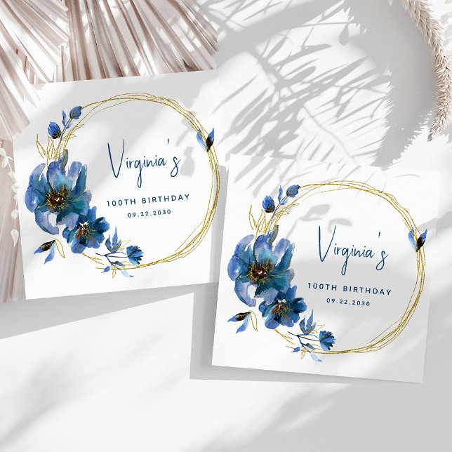 Blå Guld Akvarell Blommig 100-årsdag Pappersservett (Skapare uppladdad)