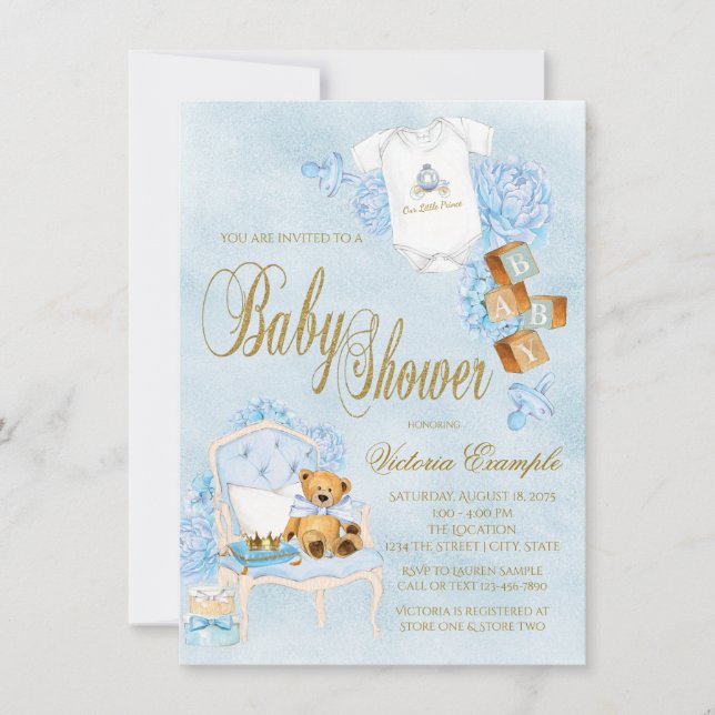 Blå Guld Akvarell Pojke Baby Shower Inbjudningar (Framsida)