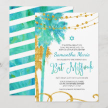 Blå Guld Akvarell Strand Bat Mitzvah-inbjudningar
